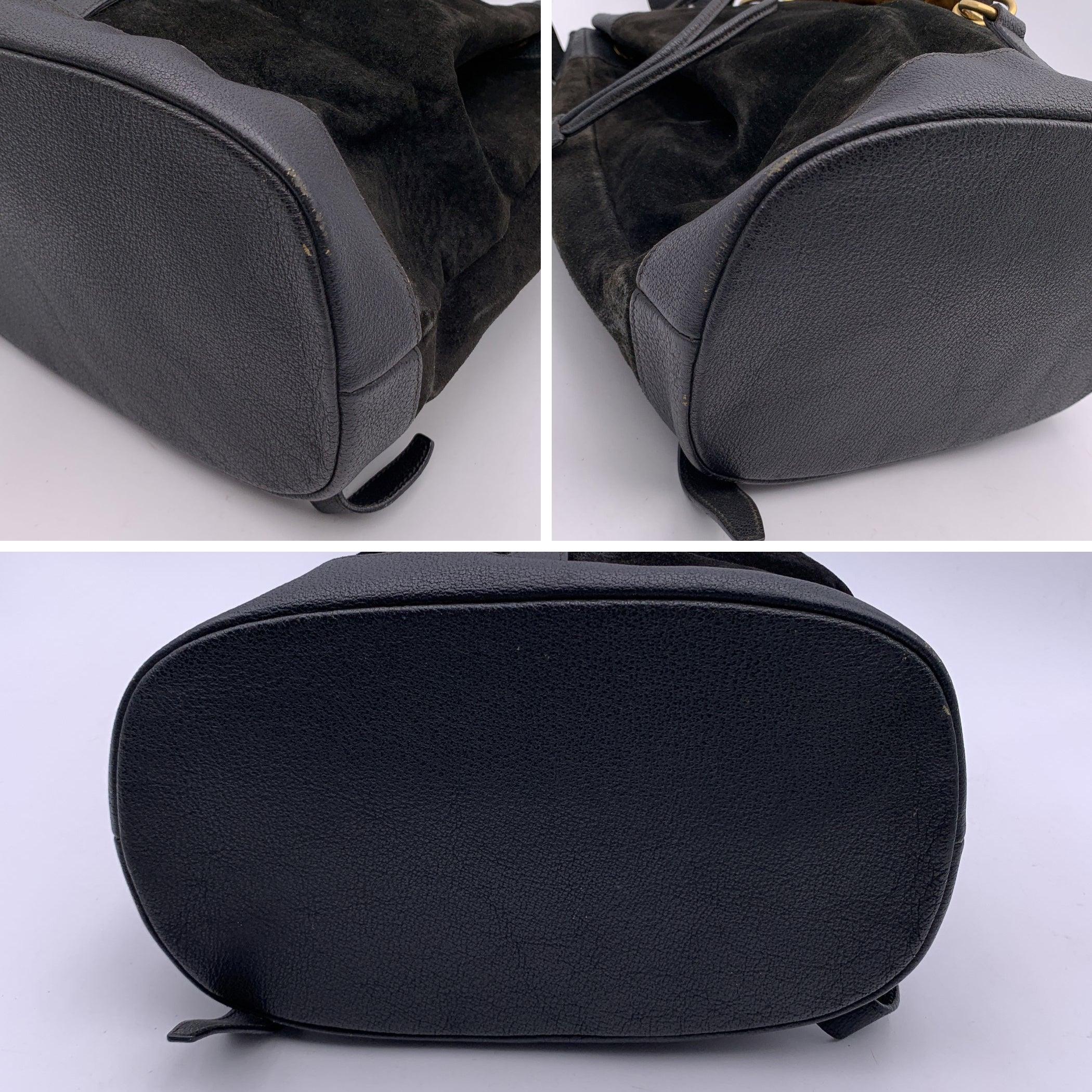 Gucci Vintage Black Suede and Leather Bamboo Drawstring Backpack 1