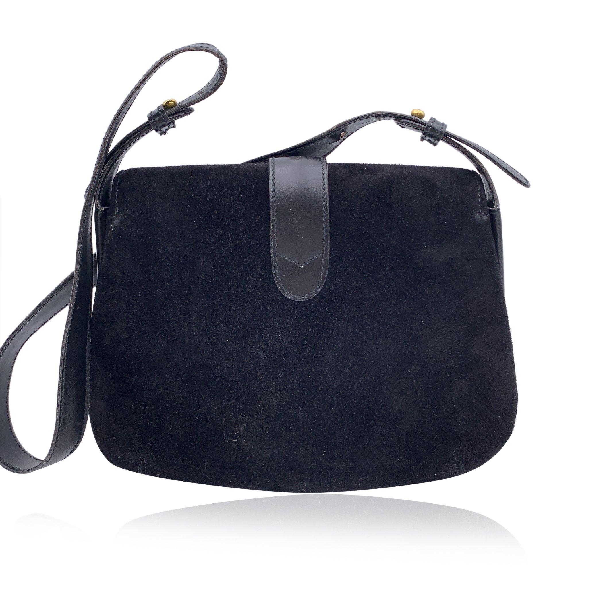 Gucci Vintage Black Suede and Leather Flap Shoulder Bag In Good Condition In Rome, Rome