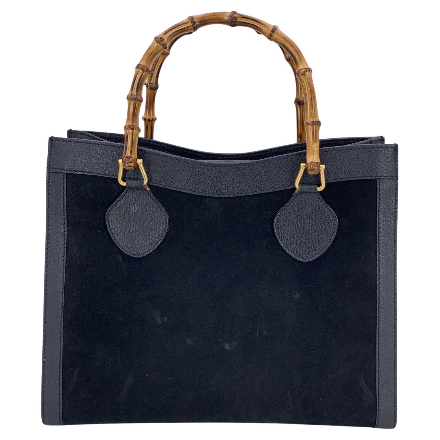 Gucci Vintage Black Suede Bamboo Princess Diana Tote Bag im Angebot
