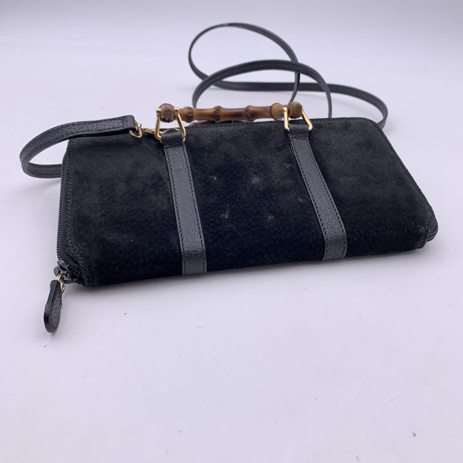 Women's Gucci Vintage Black Suede Bamboo Wallet on Chain WOC Crossbody For Sale
