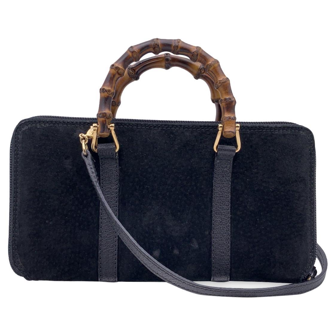 Gucci Vintage Black Suede Bamboo Wallet on Chain WOC Crossbody For Sale