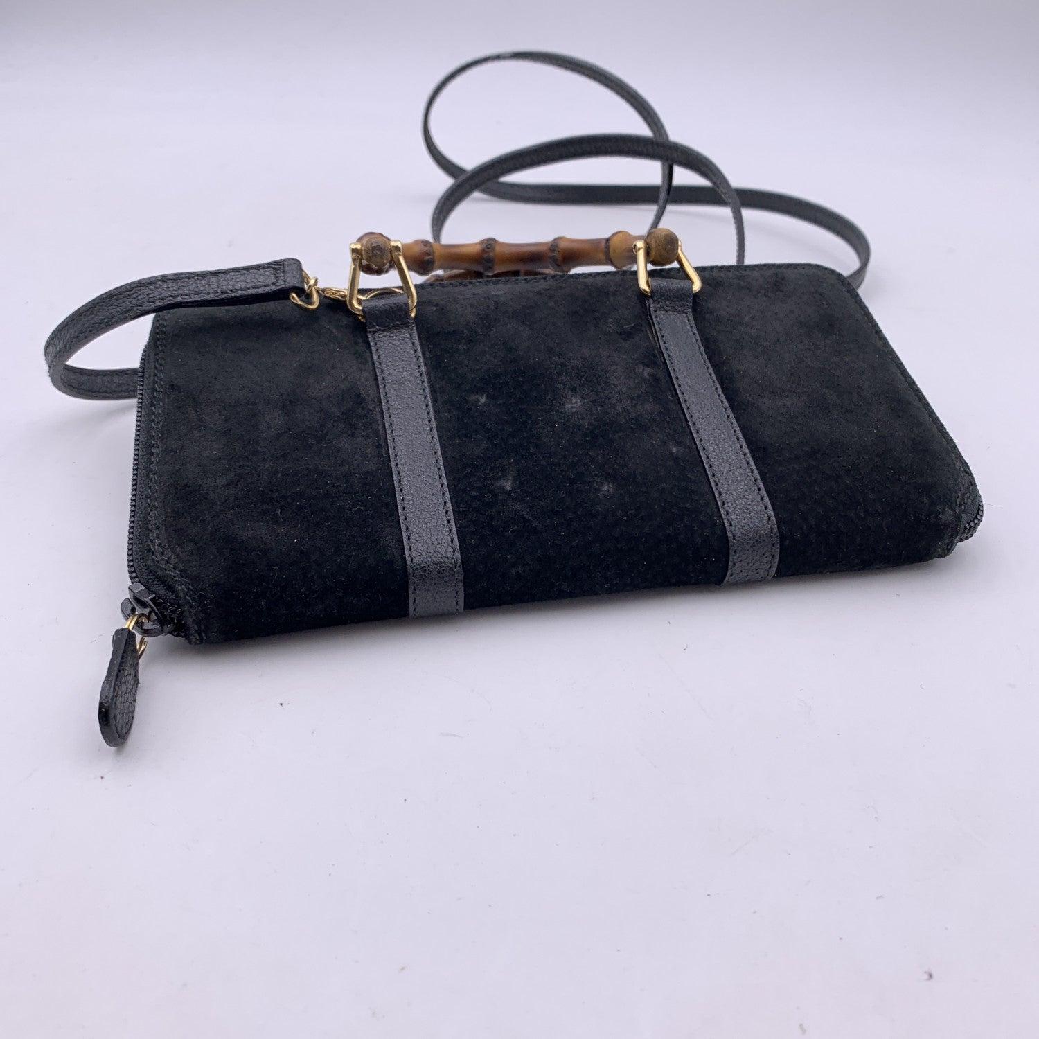 Women's Gucci Vintage Black Suede Bamboo WOC Wallet on Chain Crossbody