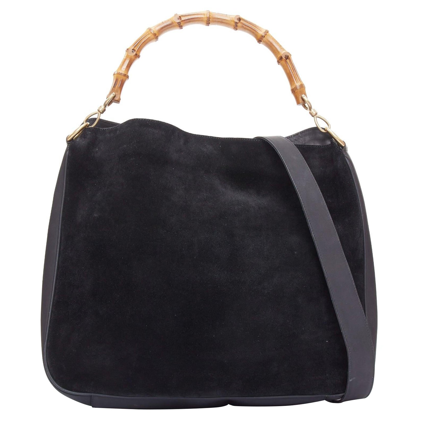 GUCCI Vintage black suede brown bamboo handle hobo tote bag