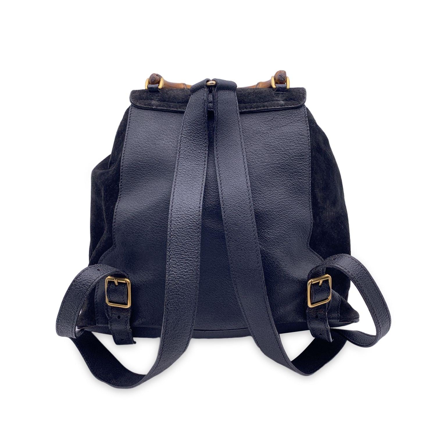 Gucci Vintage Black Suede Leather Bamboo Backpack Shoulder Bag In Good Condition In Rome, Rome