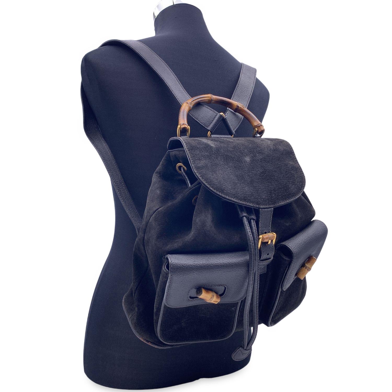 Women's or Men's Gucci Vintage Black Suede Leather Bamboo Backpack Shoulder Bag For Sale