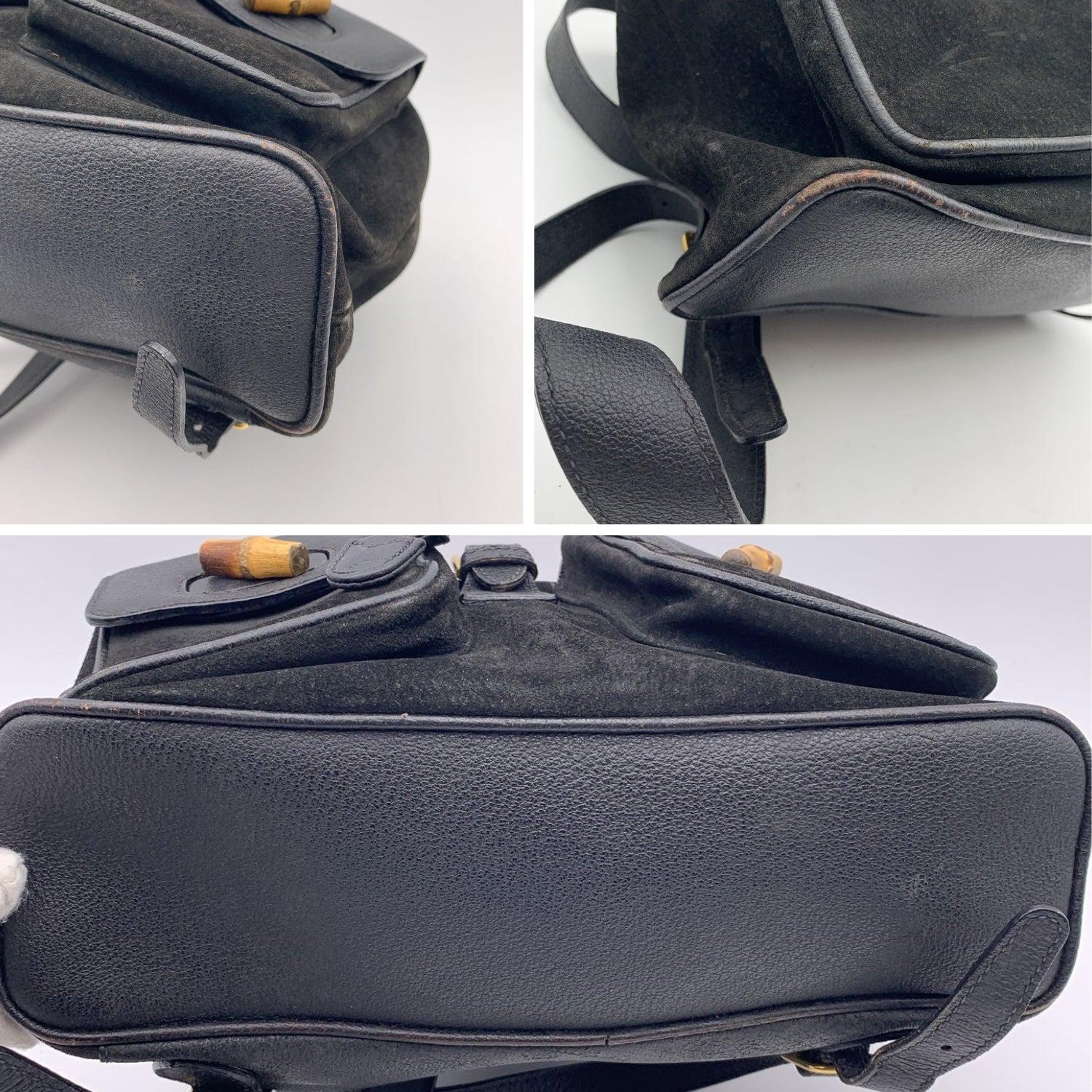 Gucci Vintage Black Suede Leather Bamboo Backpack Shoulder Bag 1
