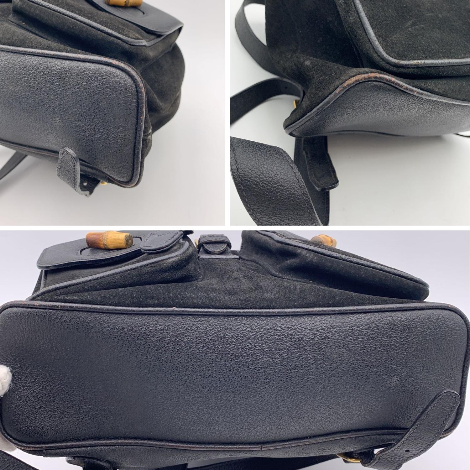 Gucci Vintage Black Suede Leather Bamboo Backpack Shoulder Bag en vente 1