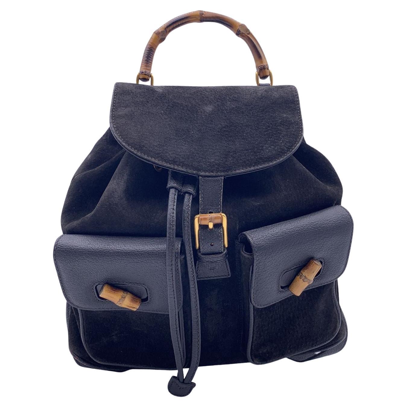 Gucci Vintage Black Suede Leather Bamboo Backpack Shoulder Bag en vente