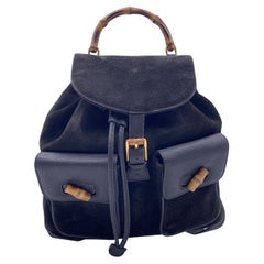 Gucci Retro Black Suede Leather Bamboo Backpack Shoulder Bag
