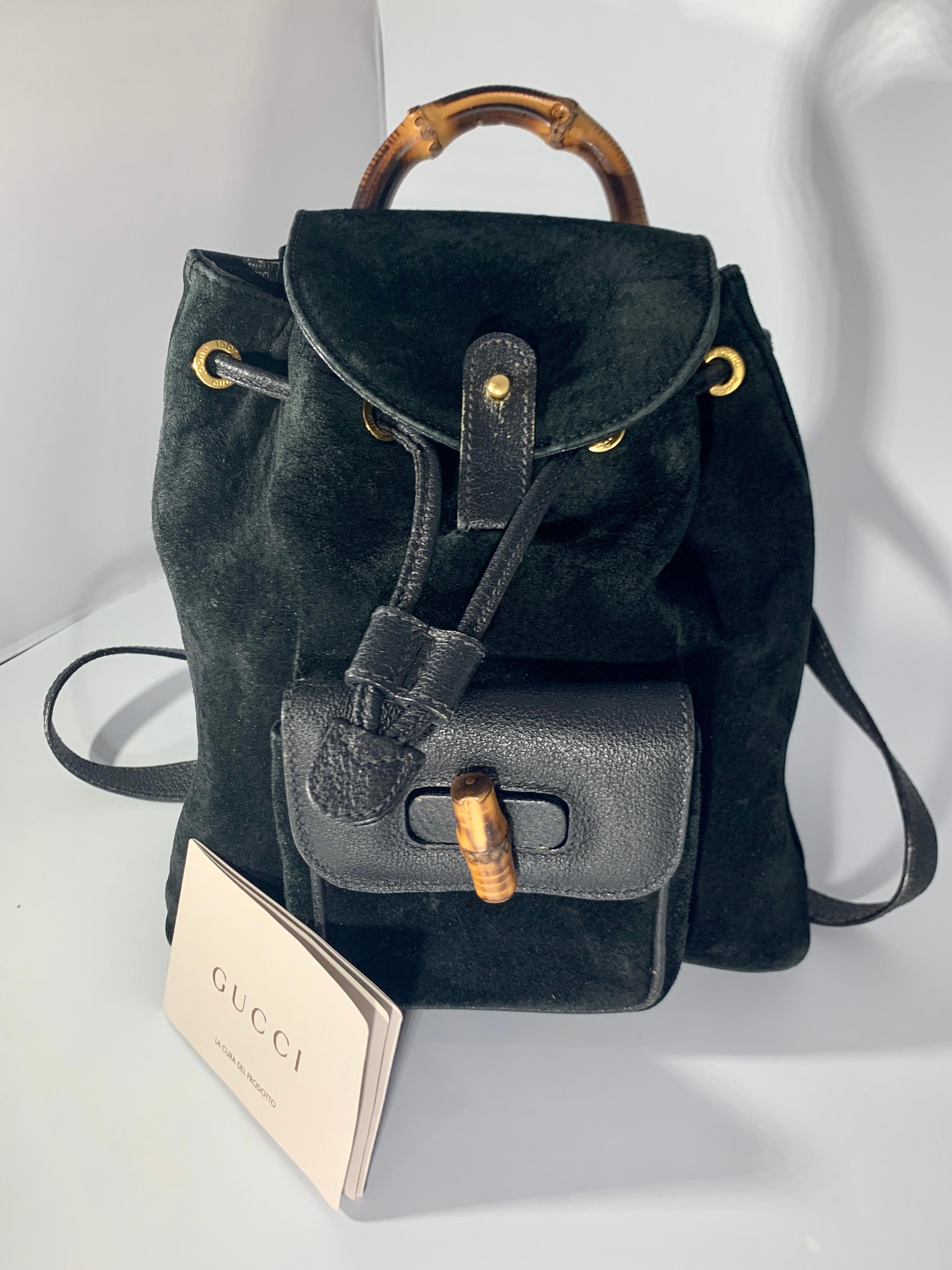 Gucci Vintage Black Suede/Leather Bamboo Mini Backpack With Drawstring ...