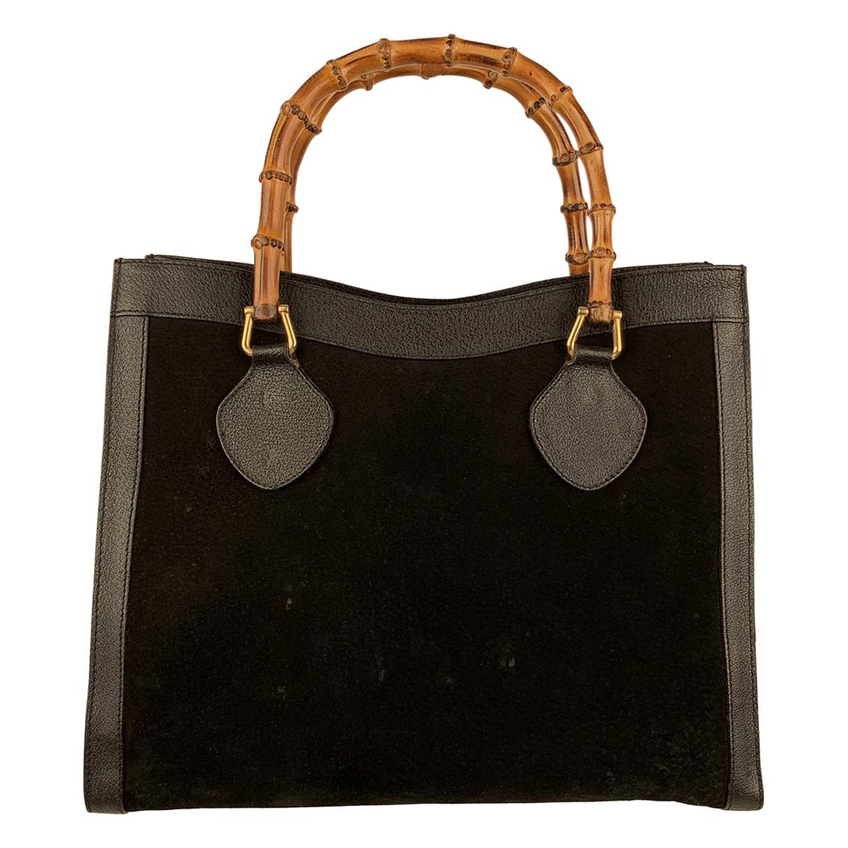 Gucci Vintage Black Suede Leather Princess Diana Bamboo Tote For Sale