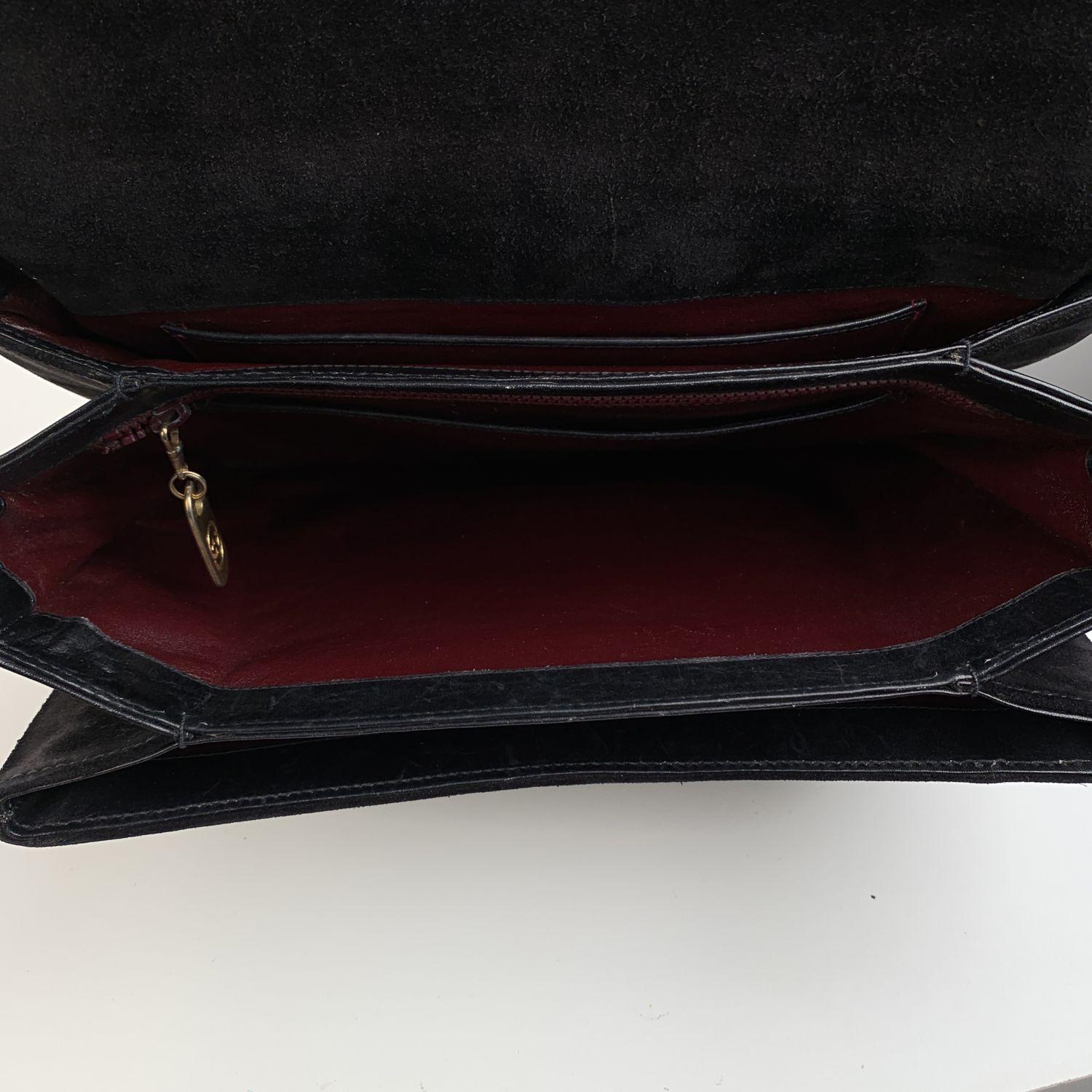Women's Gucci Vintage Black Suede Satchel Bag Handbag with Enamel Stripes