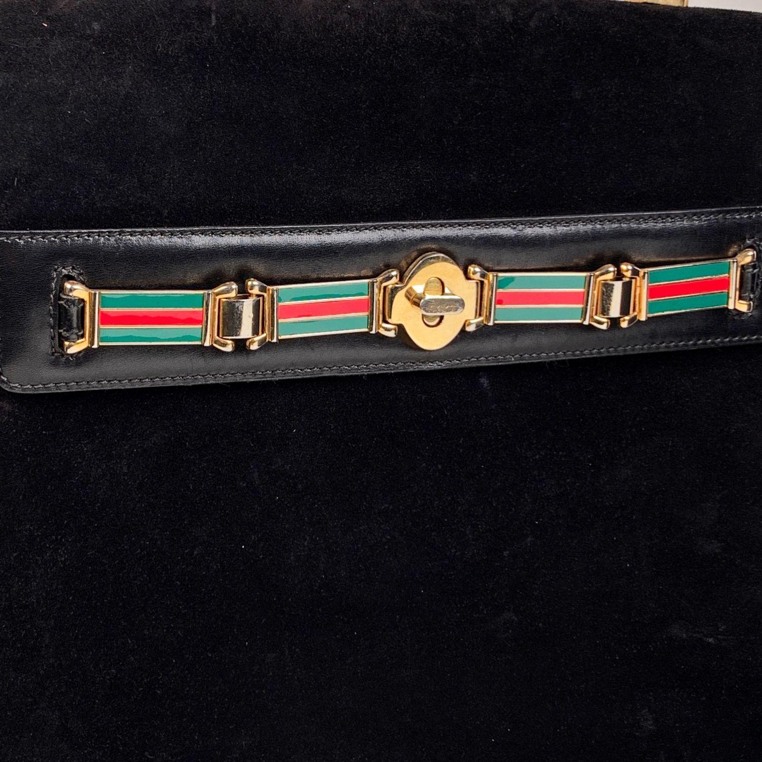 Gucci Vintage Black Suede Satchel Bag Handbag with Enamel Stripes 2