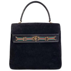 Gucci Vintage Black Suede Satchel Bag Handbag with Enamel Stripes