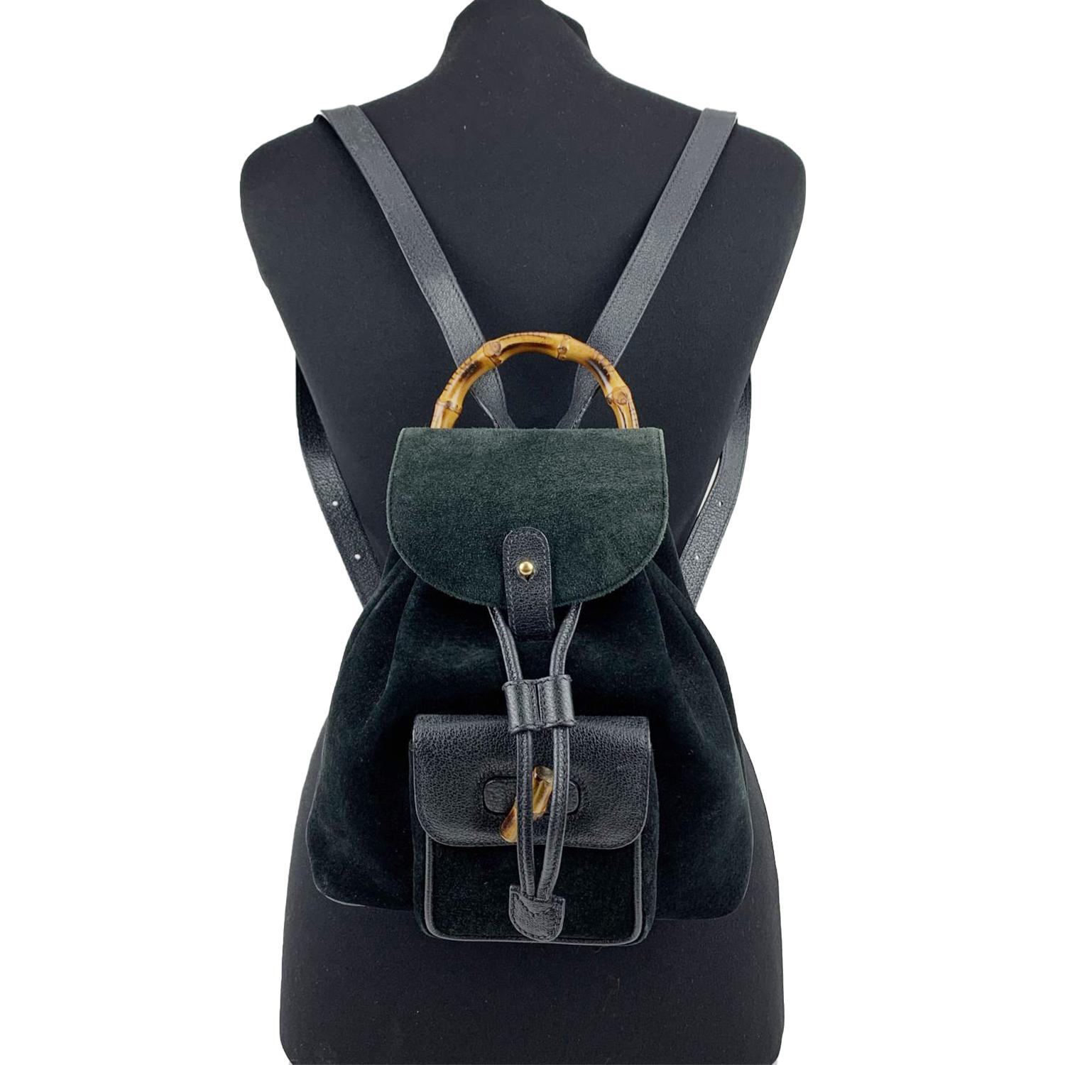 Gucci Vintage Black Suede Small Bamboo Backpack Shoulder Bag In Excellent Condition In Rome, Rome