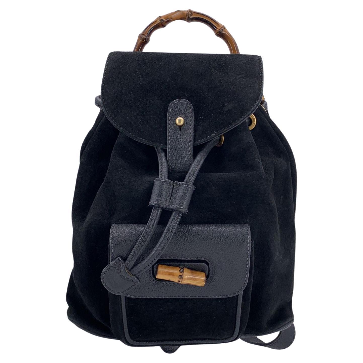 Gucci Vintage Black Suede Small Bamboo Backpack Umhängetasche