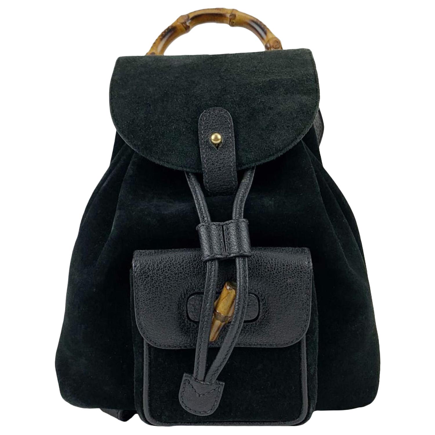 Gucci Vintage Black Suede Small Bamboo Backpack Shoulder Bag