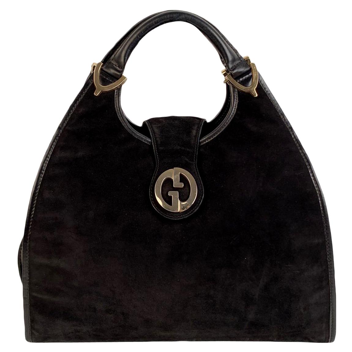 Gucci Vintage Black Suede Stirrup Hobo Bag Handbag