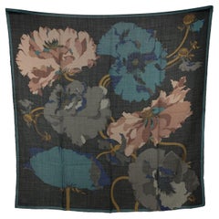 Gucci Vintage Black Turquoise Wool and Silk Floral Square Scarf