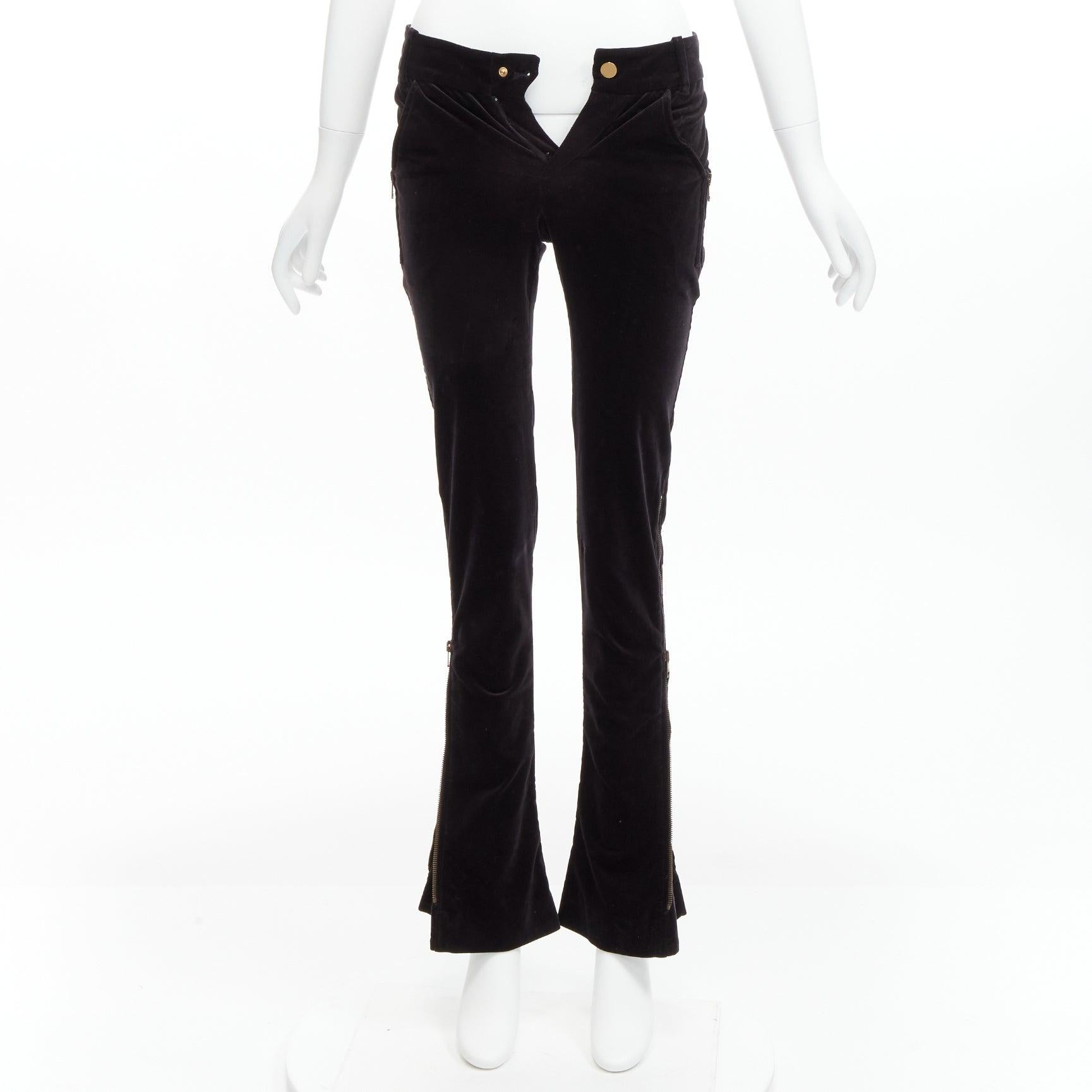 GUCCI Vintage black velour GG interlock logo side pocket zip flare pants XS For Sale 5