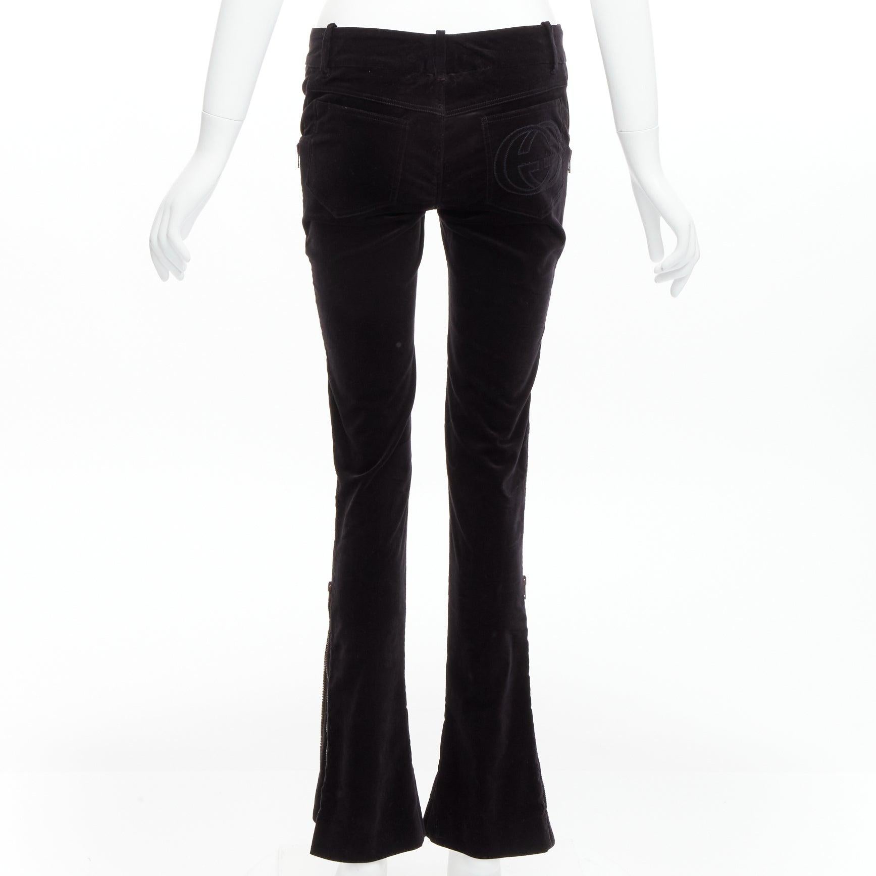 Women's GUCCI Vintage black velour GG interlock logo side pocket zip flare pants XS For Sale
