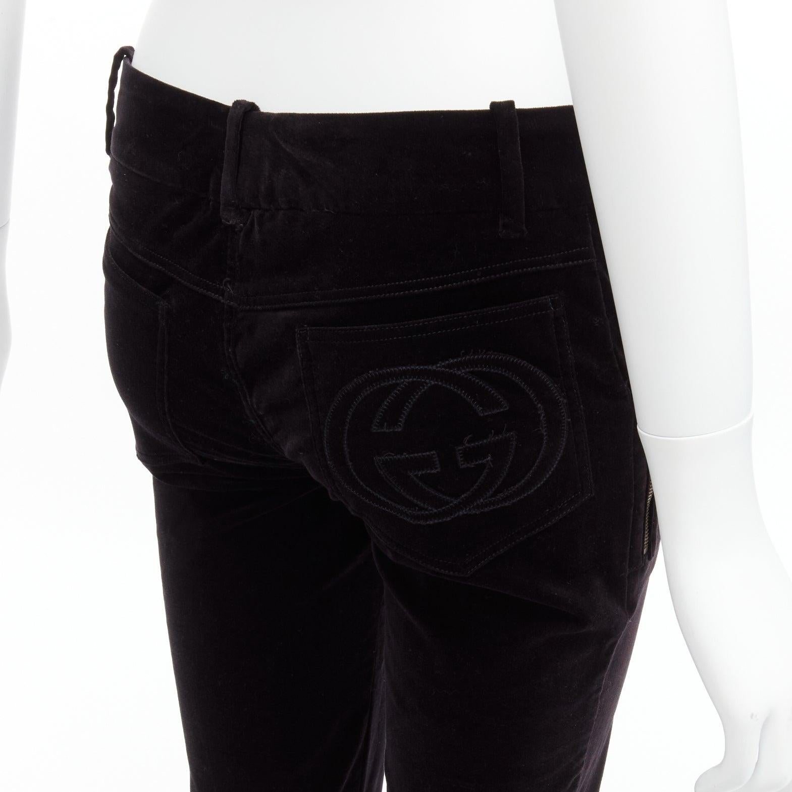 GUCCI Vintage black velour GG interlock logo side pocket zip flare pants XS For Sale 2