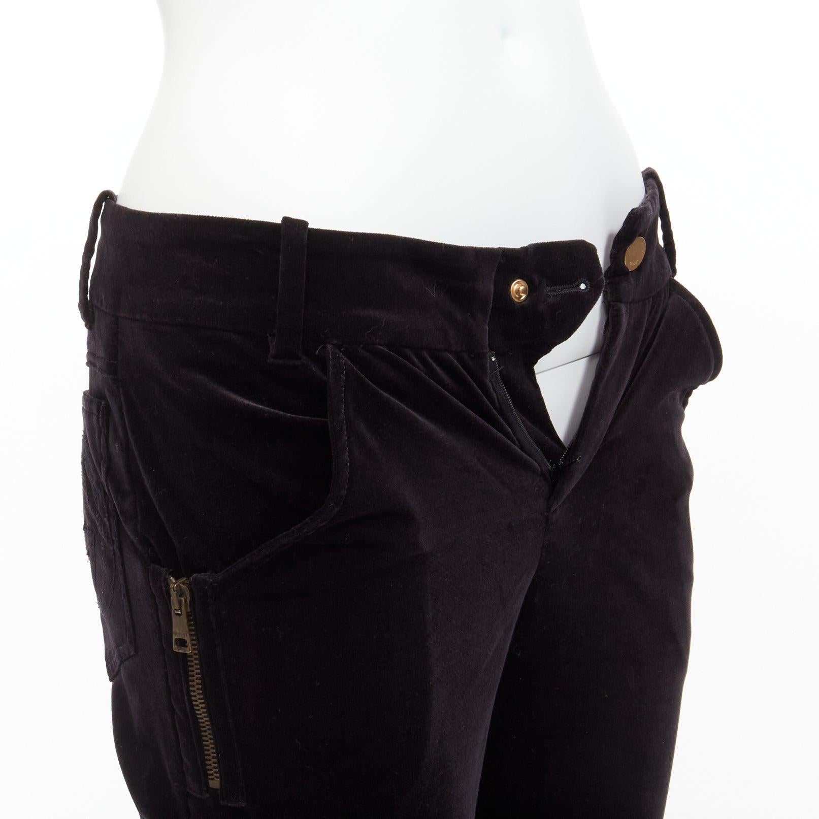 GUCCI Vintage black velour GG interlock logo side pocket zip flare pants XS For Sale 3
