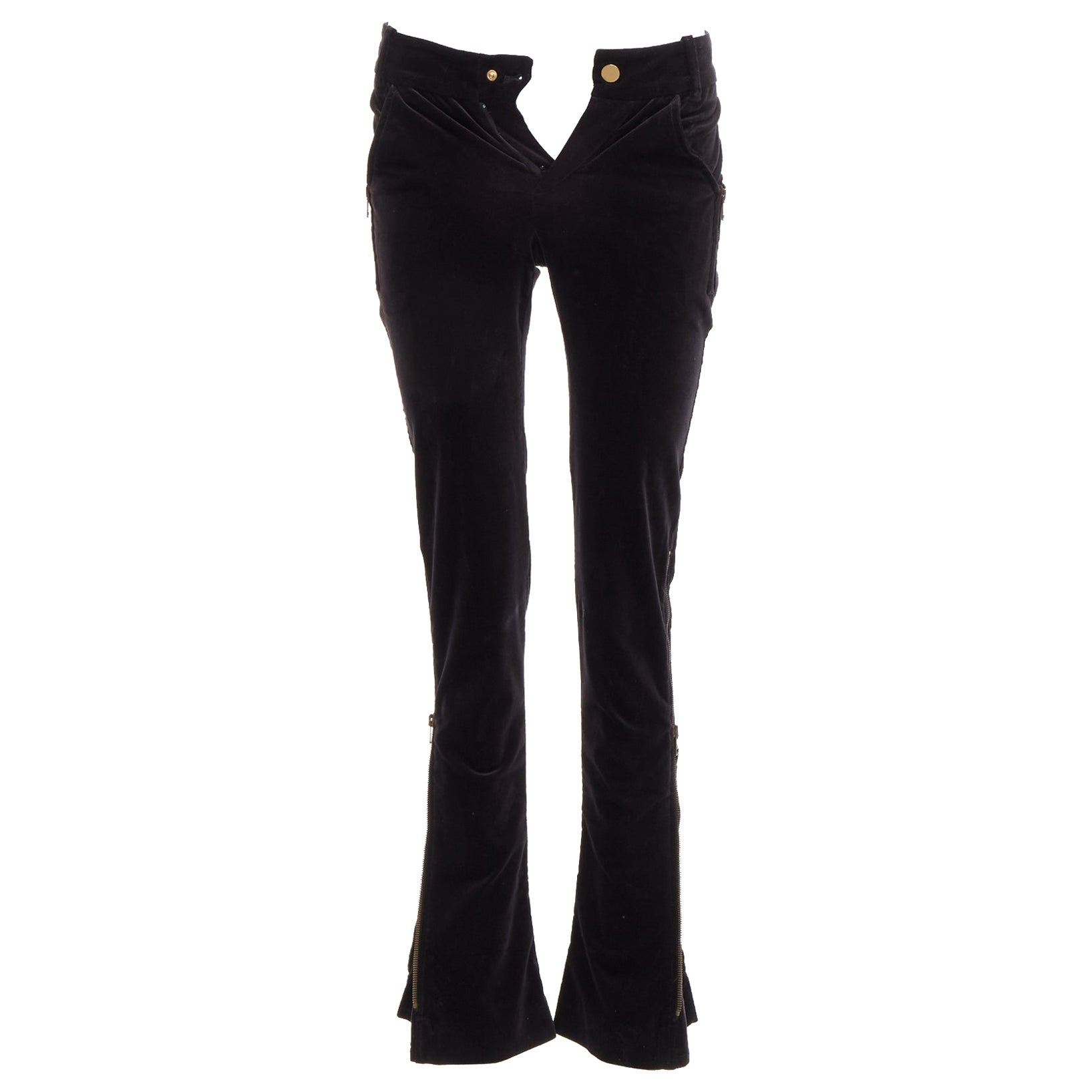 GUCCI Pantaloni vintage in velluto nero con logo GG interlock, tasche laterali con zip XS