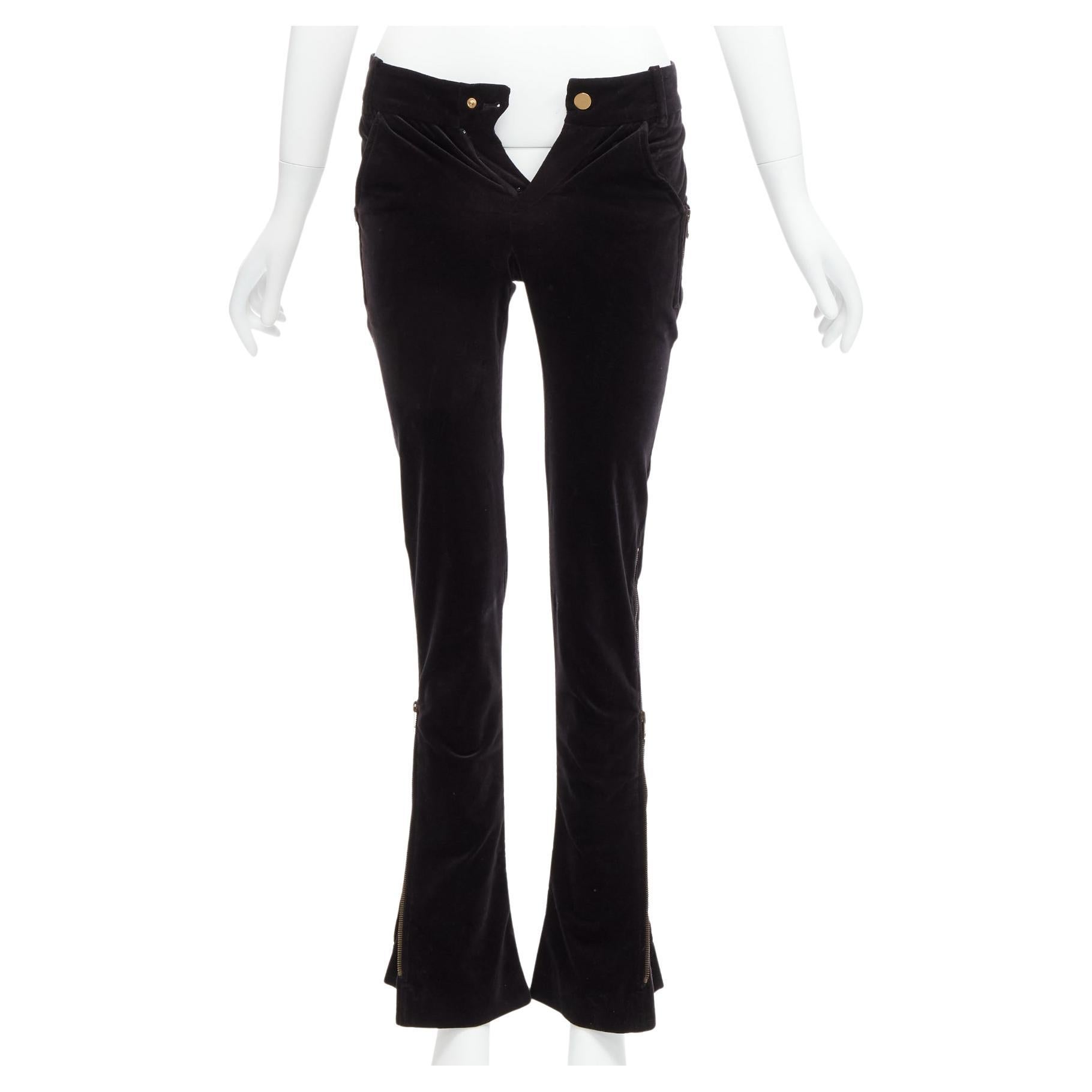 GUCCI Vintage black velour GG interlock logo side pocket zip flare pants XS For Sale