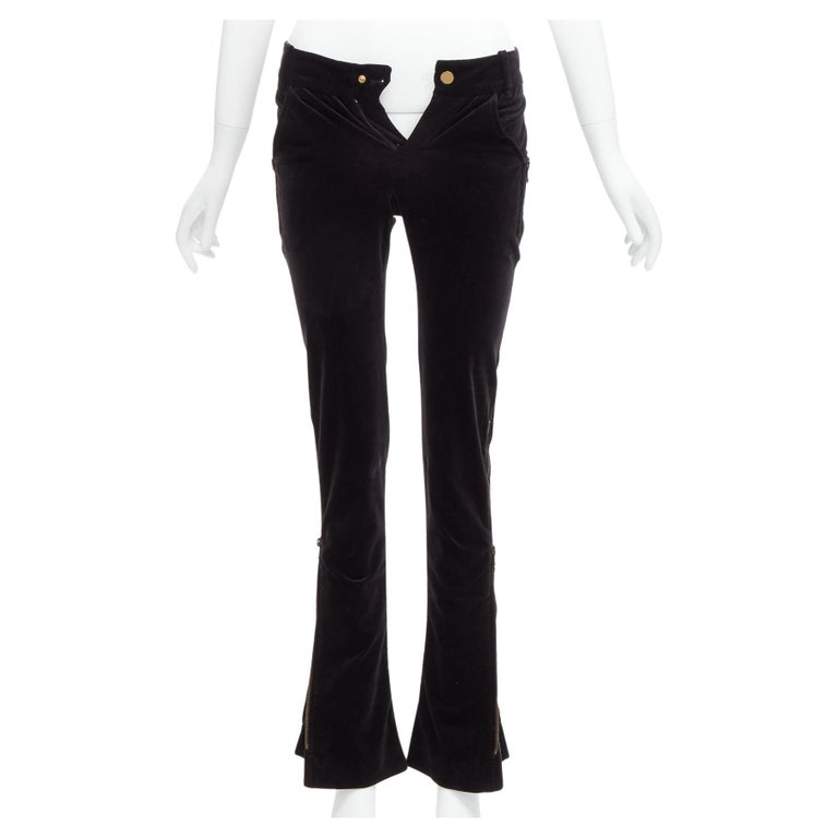 GUCCI Vintage black velour GG interlock logo side pocket zip flare pants XS  For Sale at 1stDibs