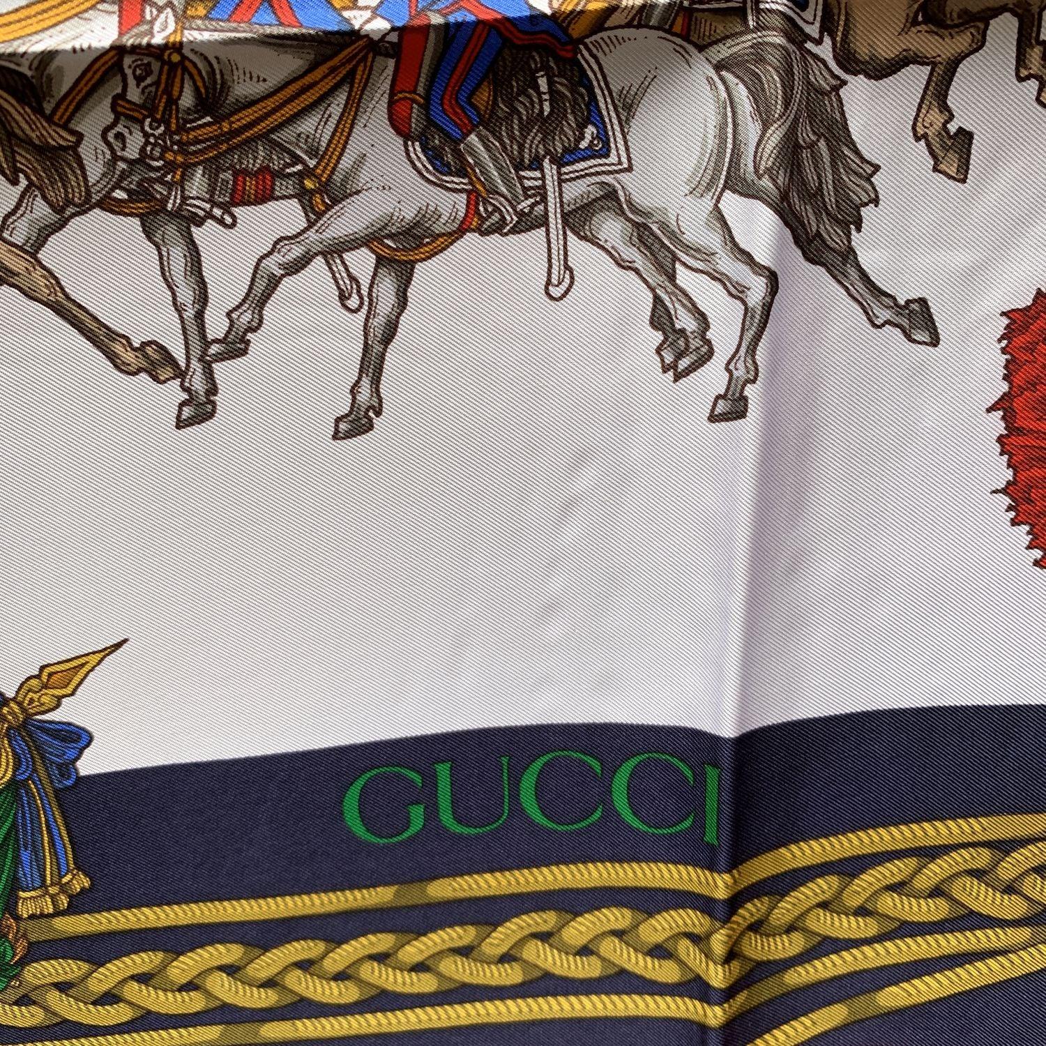 Gucci Vintage Blue and Red Carabinieri Equestrian Silk Scarf For Sale 2