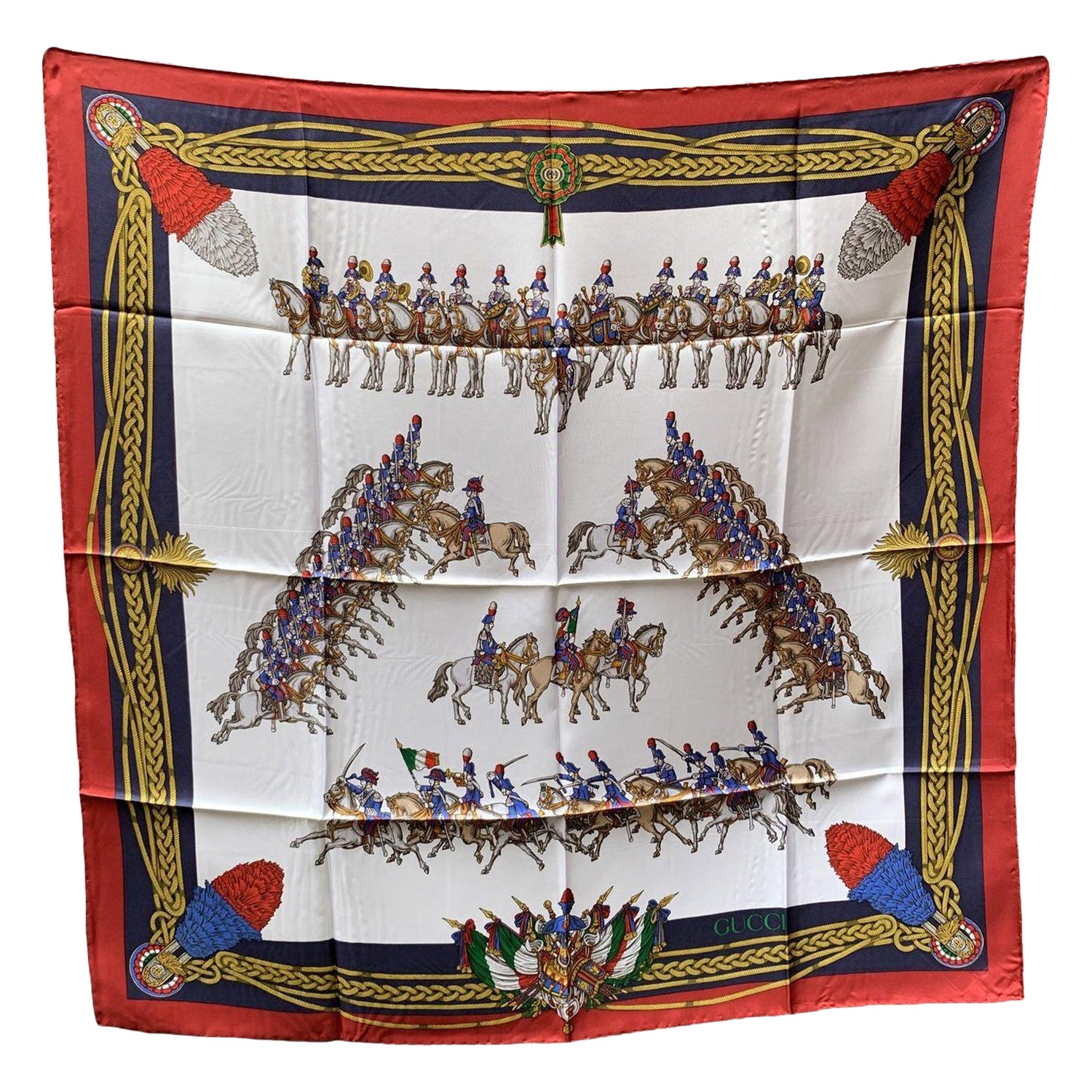 Gucci Vintage Blue and Red Carabinieri Equestrian Silk Scarf