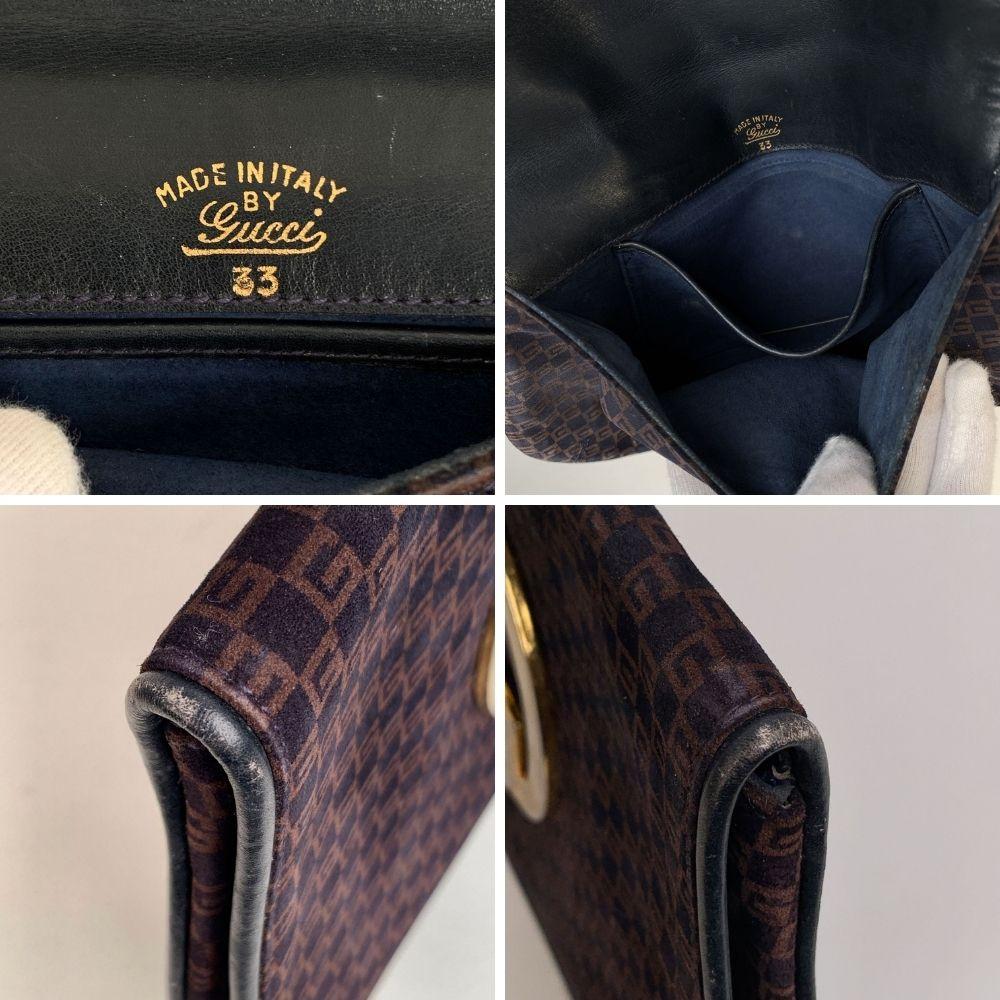 Vintage Gucci 'Blondie' clutch bag. Crafted in navy blue suede with brown GG monogram. It features flap closure with big gold metal, cut-out GG - GUCCI logo on the front. Blue suede inside with 1 side open pocket inside. 'Made in Italy by Gucci'