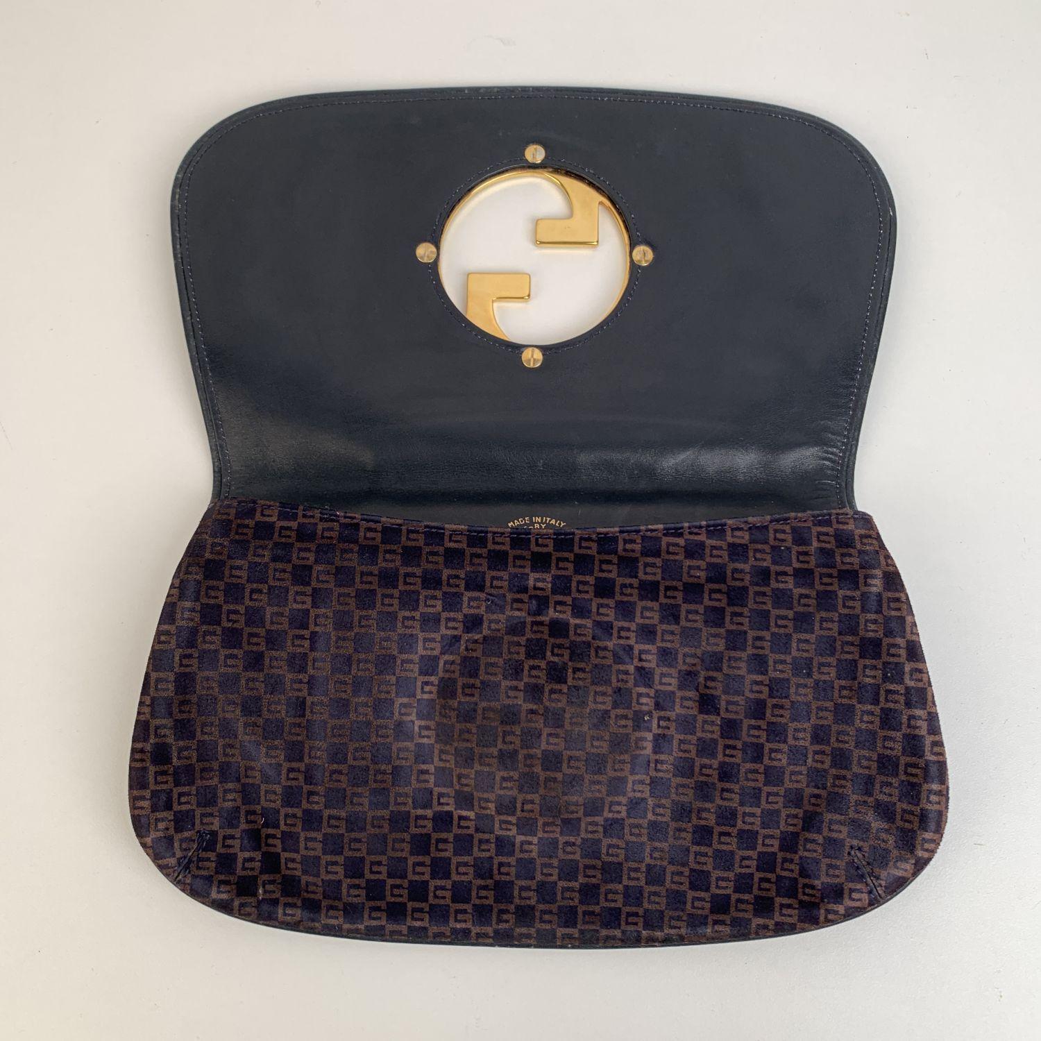 Gucci Vintage Blue Brown GG Monogram Suede Blondie Clutch Bag In Good Condition In Rome, Rome