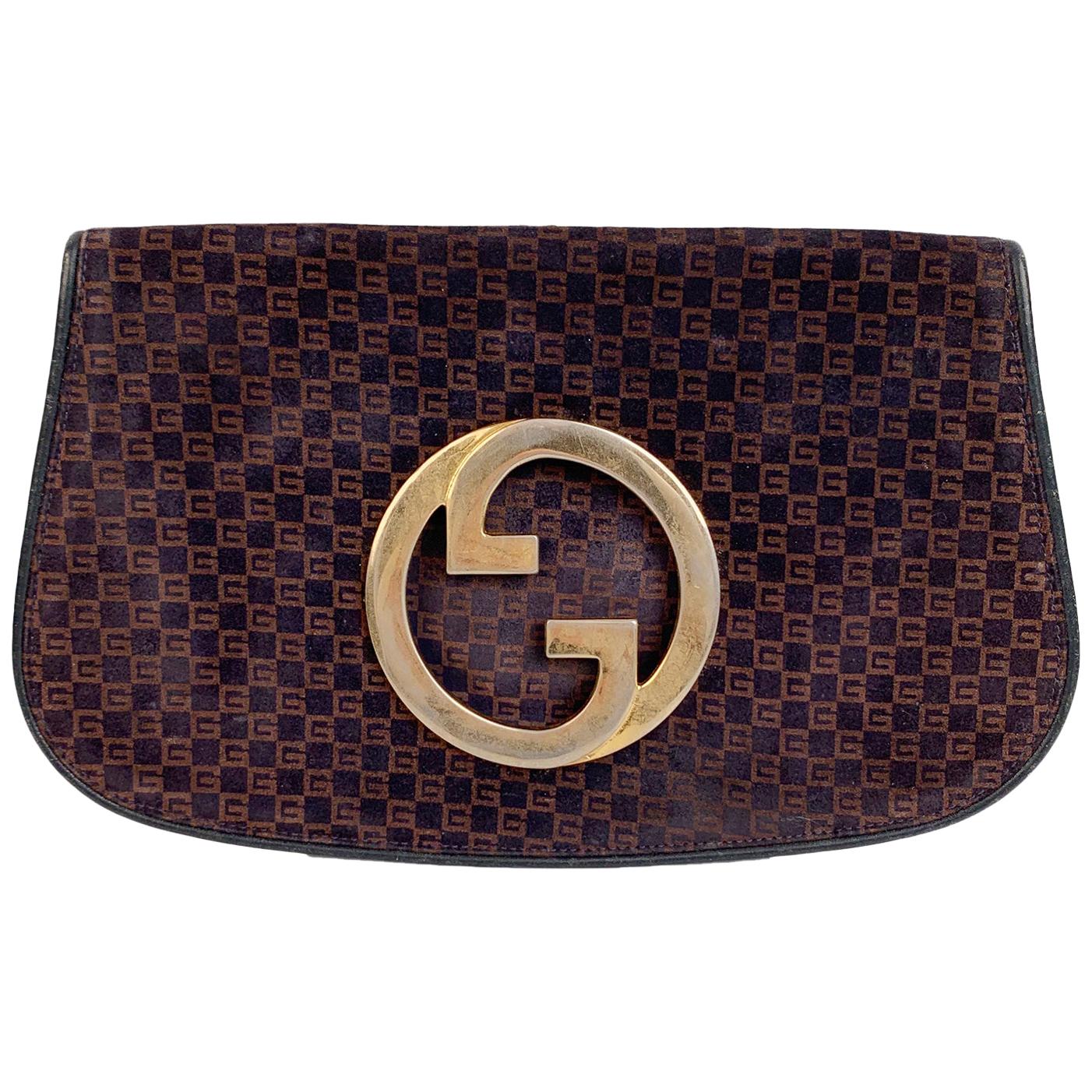 Gucci Vintage Blue Brown GG Monogram Suede Blondie Clutch Bag
