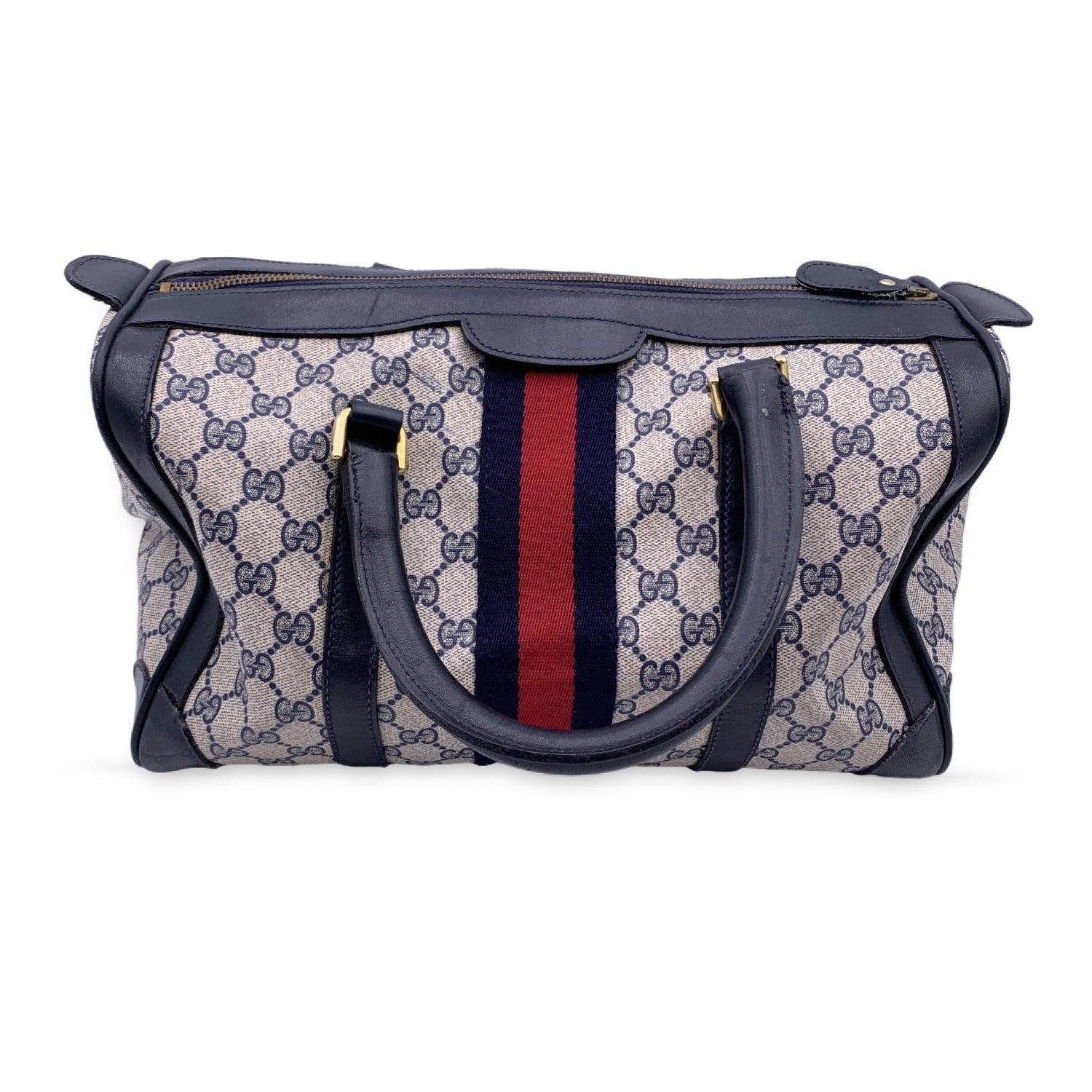 Gucci Vintage Blue Canvas and Leather Monogram Web Boston Bag In Good Condition In Rome, Rome
