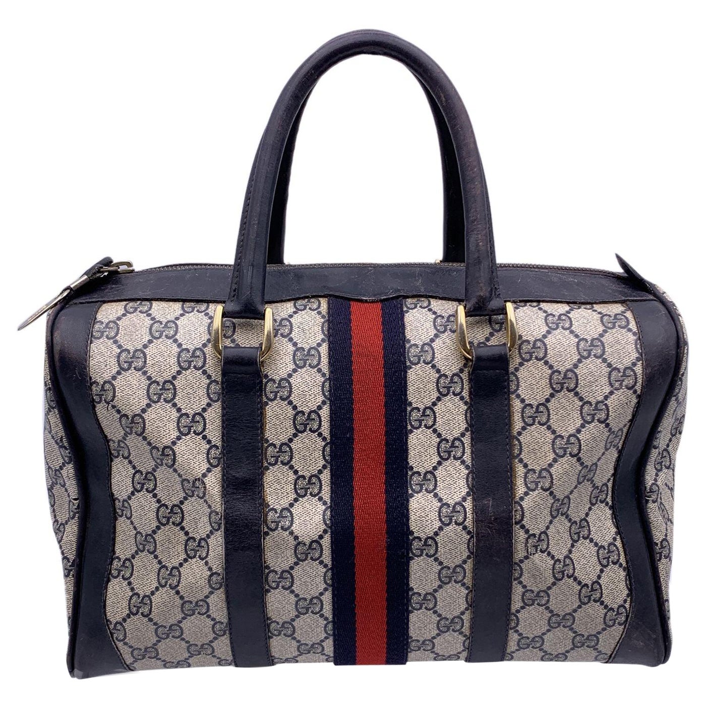Gucci Vintage Blue Canvas and Leather Monogram Web Boston Bag