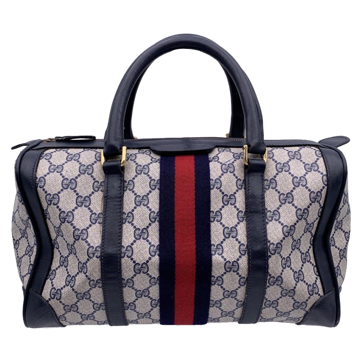 Gucci White/Navy Blue GG Canvas and Leather Medium Vintage Web Boston Bag  at 1stDibs