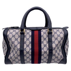 Gucci Vintage Blue Canvas and Leather Monogram Web Boston Bag