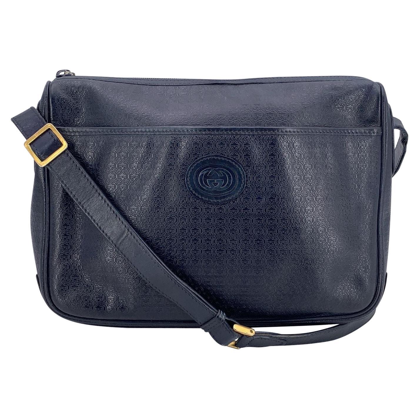 Gucci Vintage Blue Messenger Logo Embossed Crossbody Bag