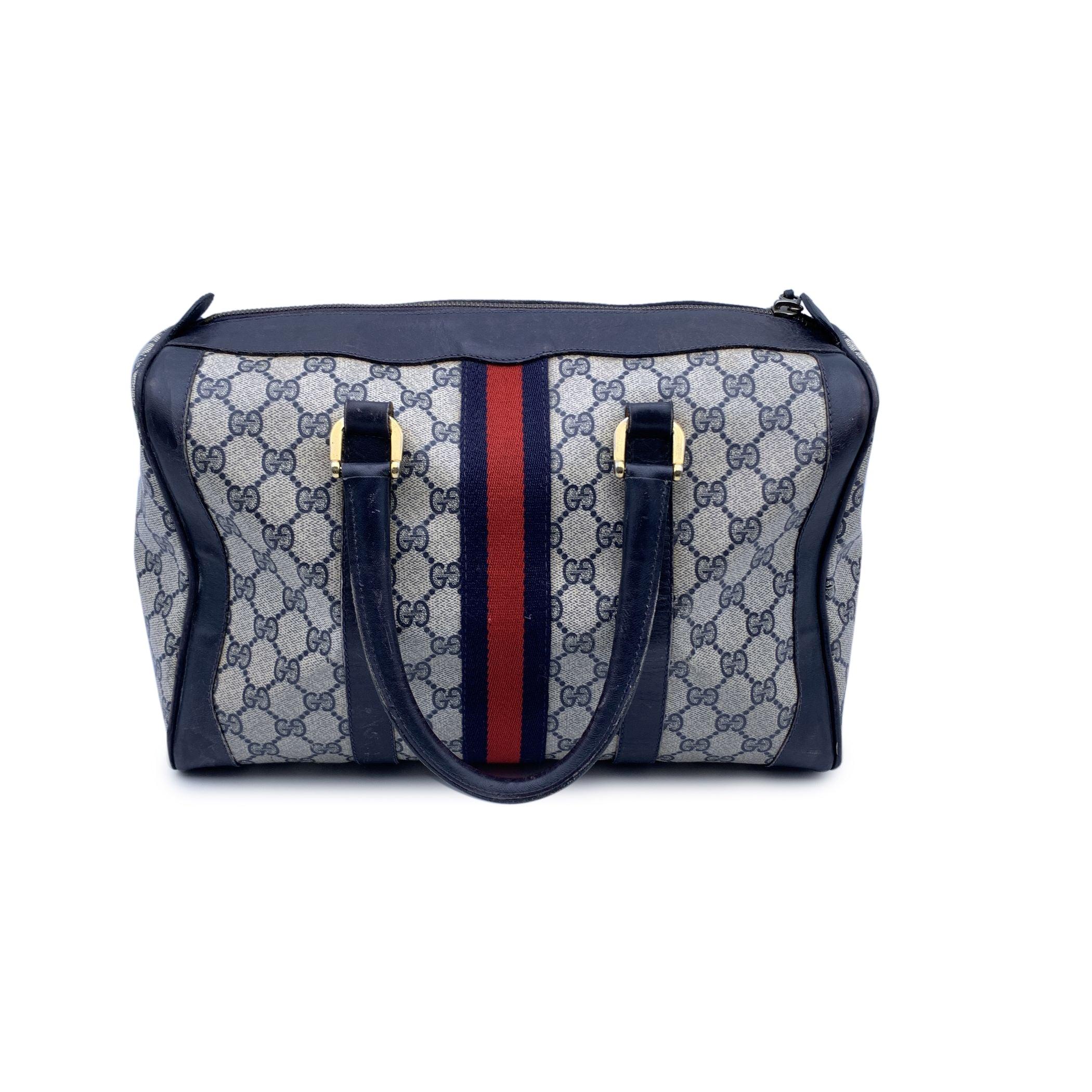 Black Gucci Vintage Blue Monogram Canvas and Leather Web Boston Bag