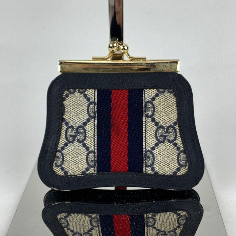 Gucci Vintage Blue Monogram Canvas Coin Purse with Stripes For Sale at