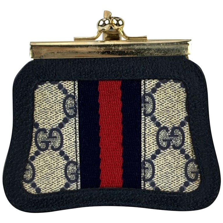 Gucci Vintage Blue Monogram Canvas Coin Purse with Stripes For Sale at