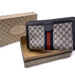 Gucci Vintage Blue Monogram Canvas Cosmetic Bag Clutch Stripes