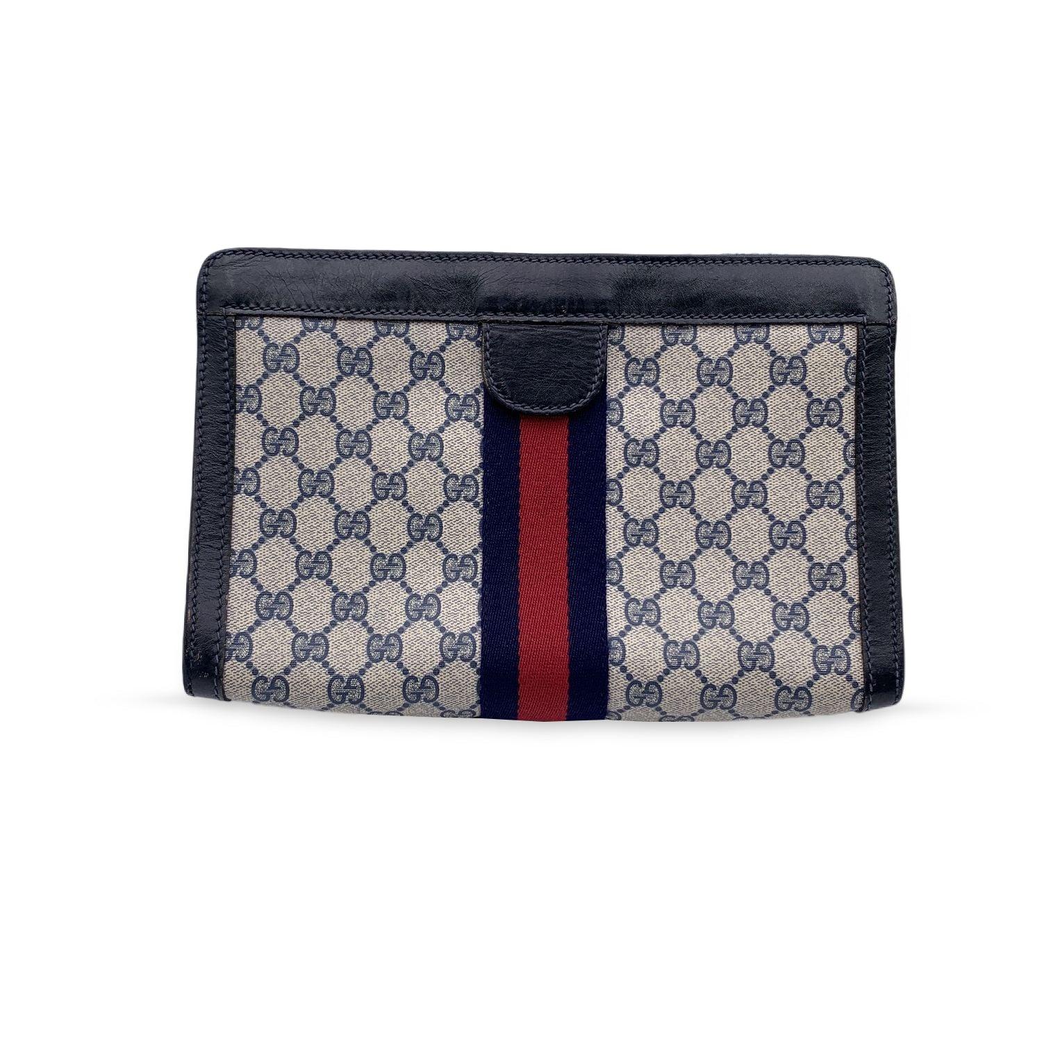 Gucci Vintage Blue Monogram Canvas Cosmetic Bag Clutch Stripes In Good Condition In Rome, Rome