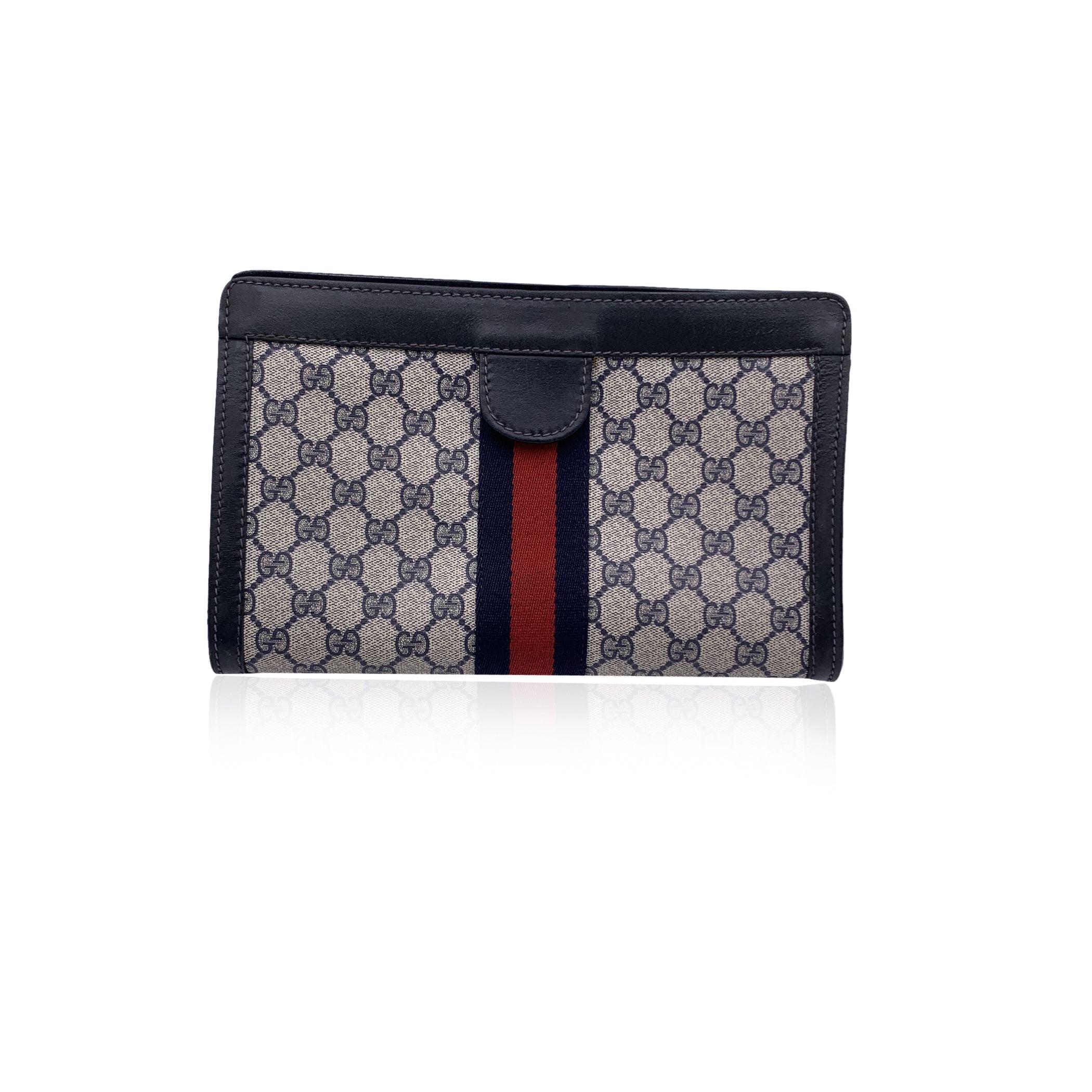 Gucci Vintage Blue Monogram Canvas Cosmetic Bag Clutch Stripes In Good Condition In Rome, Rome