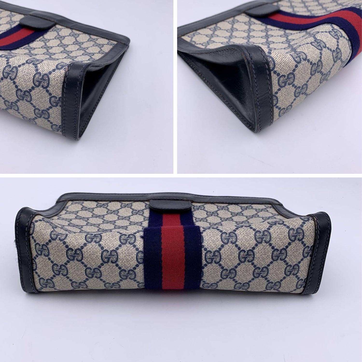 Gucci Vintage Blue Monogram Canvas Cosmetic Bag Clutch Stripes In Good Condition In Rome, Rome