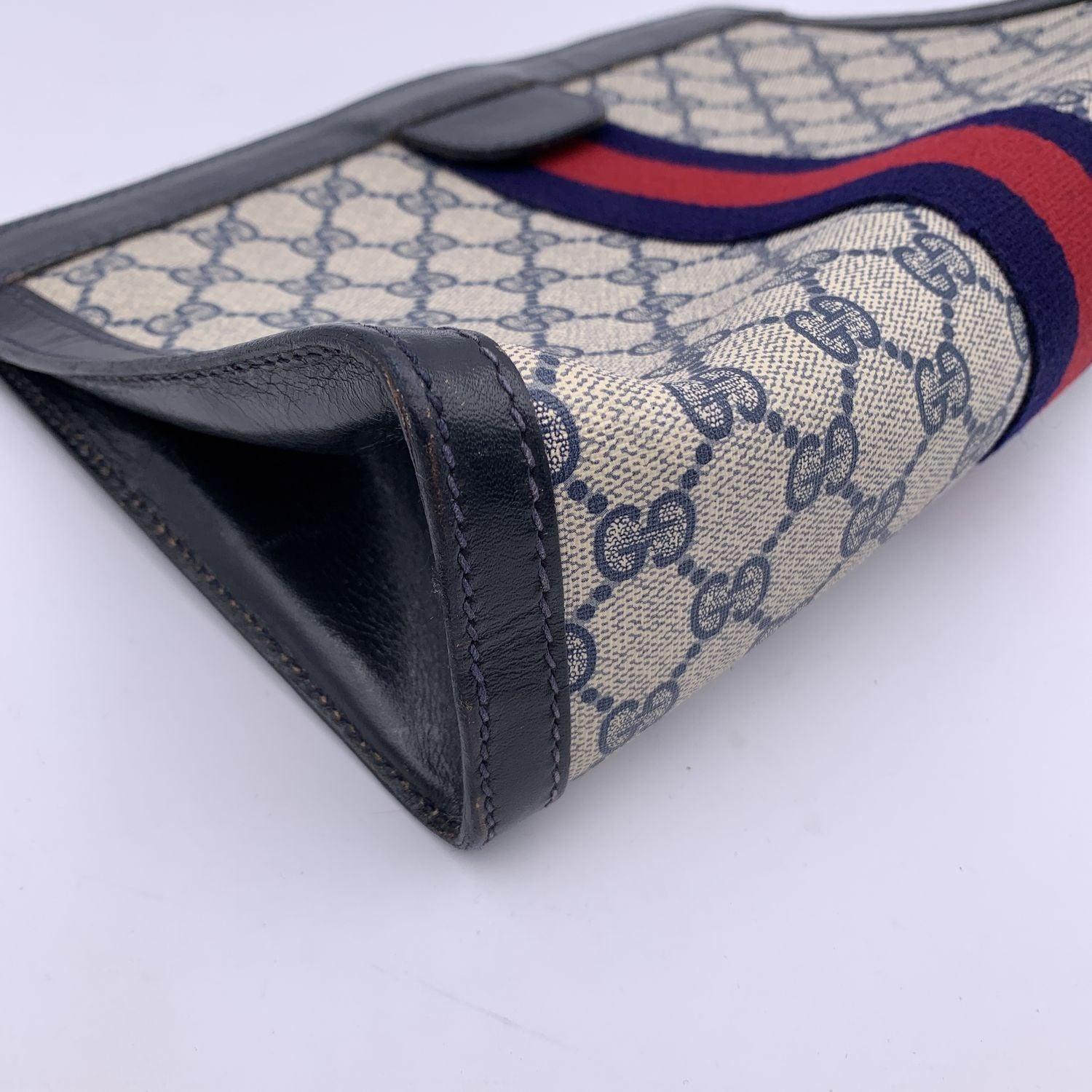 Gucci Vintage Blue Monogram Canvas Cosmetic Bag Clutch Stripes 2