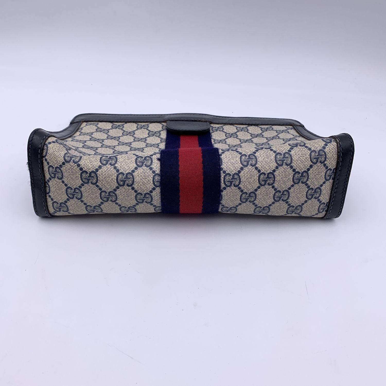 Gucci Vintage Blue Monogram Canvas Cosmetic Bag Clutch Stripes 4
