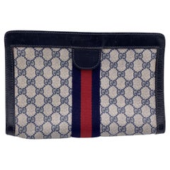 Gucci Vintage Blue Monogram Canvas Cosmetic Bag Clutch Stripes